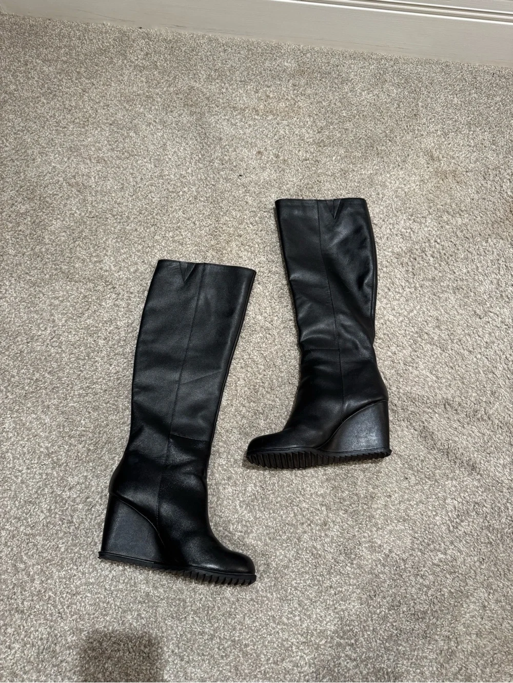 Black Leather Knee High Wedge Boots for Women